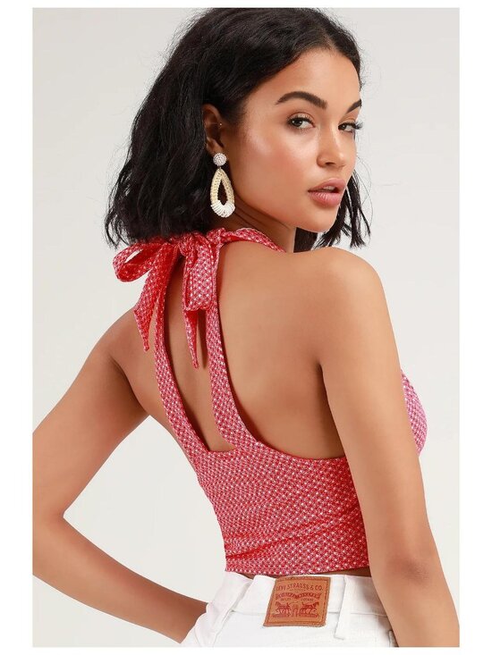 Free People Picnic Print Halter Crop Top Spring Summer Crop Tank Blouse Shirt - Picture 2 of 10